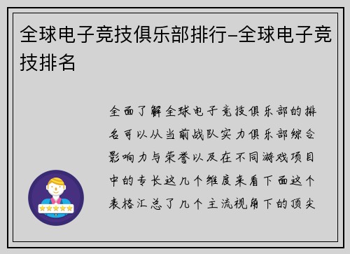 全球电子竞技俱乐部排行-全球电子竞技排名